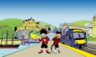 Graphic of Scottish legends Dennis and Gnasher with Scottish landmarks