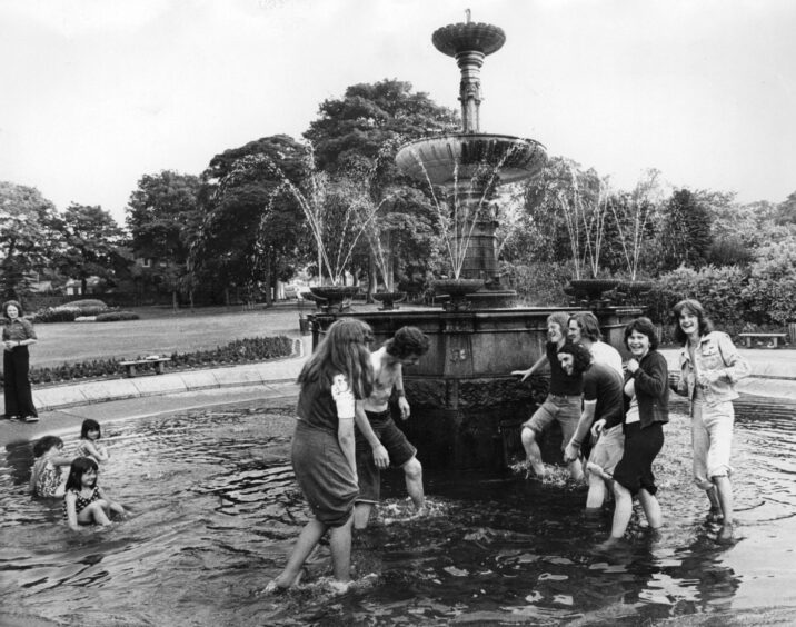 A splashing time was enjoyed in the summer sunshine by these fountain frolickers in Aberdeen's Victoria Park in July 1976. Picture from The Press And Journal, July 6 1976.