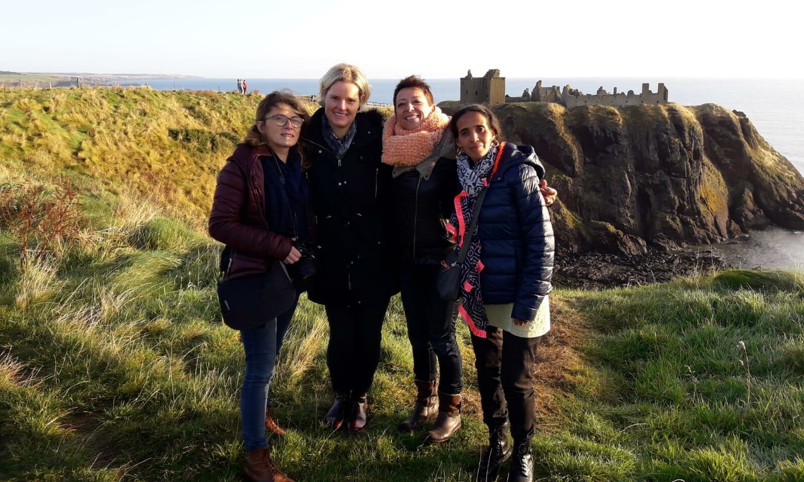 Clare Plaister (second left) with French teachers at Dunnottar Castle, near Stonehaven.