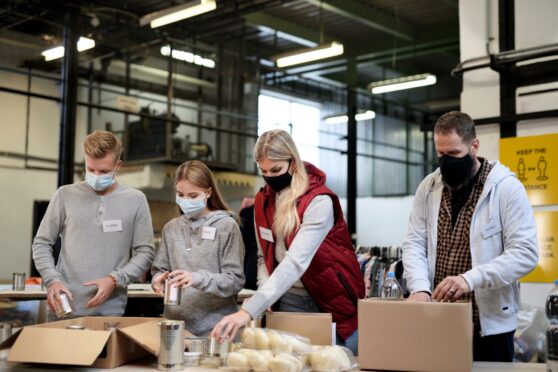 Volunteers at a food bank.