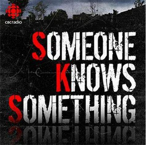A landscape in silhouette with the words "Someone Knows Something" superimposed