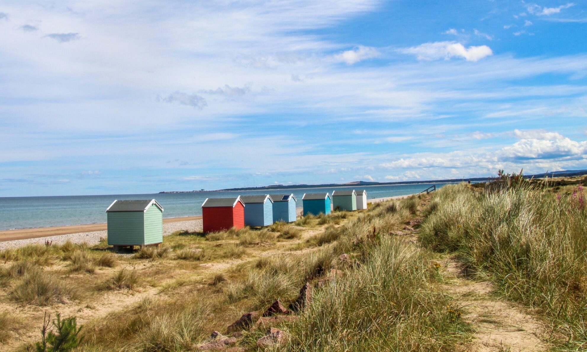 Beach huts at Findhorn, near Elgin