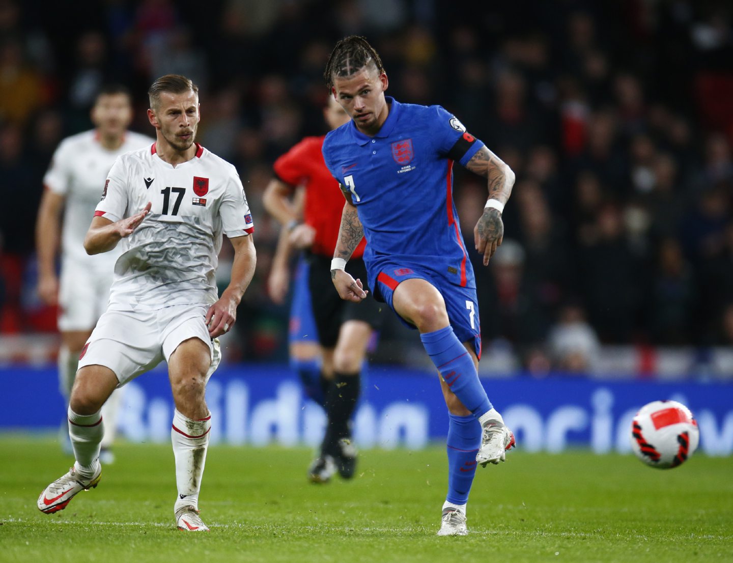 Ylber Ramadani of Albania and Kalvin Phillips of England during a World Cup qualifying tie at Wembley on November 12, 2021.