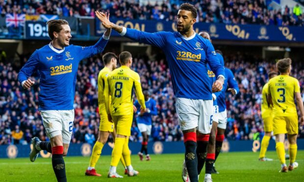 Scott Wright celebrates his goal with Connor Goldson.