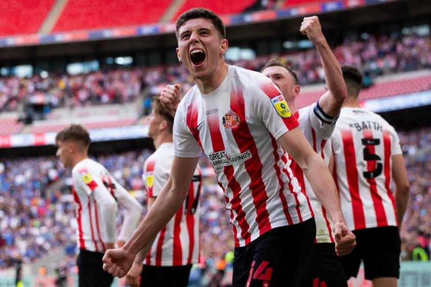 Ross Stewart celebrates his goal for Sunderland in the play-off against Wycombe Wanderers