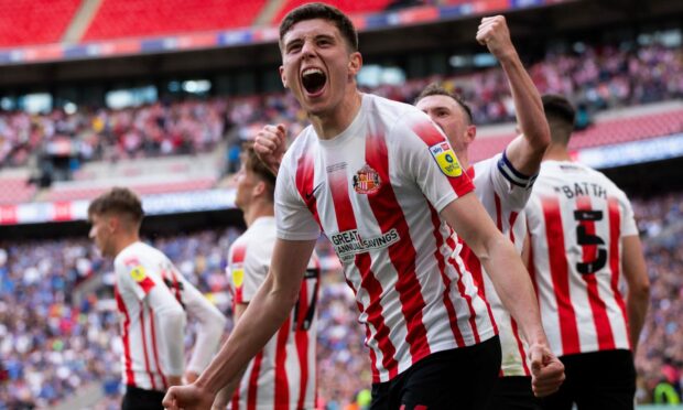 Ross Stewart celebrates his goal for Sunderland in the play-off against Wycombe Wanderers