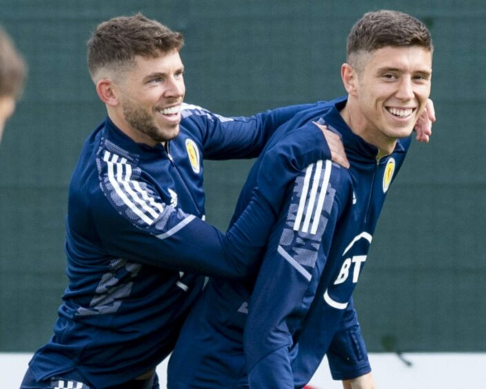 Ryan Christie (L) and Ross Stewart during a Scotland training session