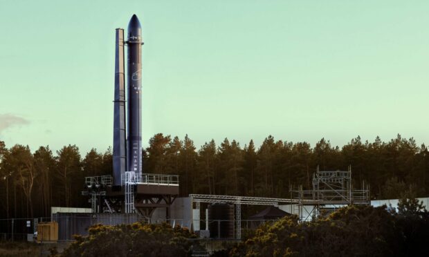 The Orbex prototype rocket on its test launch pad in Kinloss.