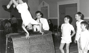 Member of the Boys' Brigade jumps gym horse, in Holburn West Church.