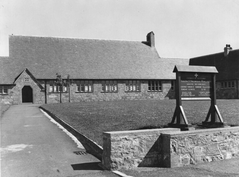 Black and white picture of the exterior of Kincorth Church in 1957.