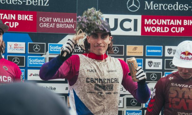 Men's downhill winner Amaury Pierron at the mountain bike World Cup in Fort William.