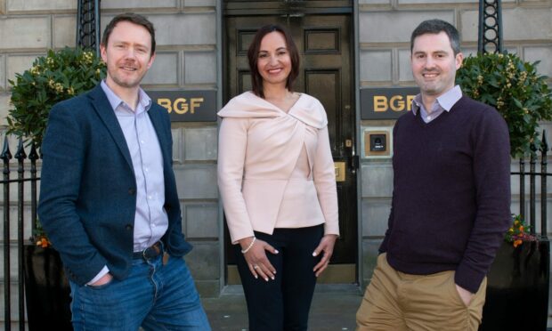 BGF's Keith Barclay, right, with Aiber chief operating officer Alasdair Mort and chief executive Anne Roberts.