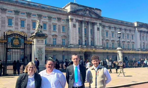 Outside Buckingham Palace, l-r, are north-east hospitality apprentices Hannah Kerridge, Joanne Payne, Anthony McKillop and Leven Hampson.