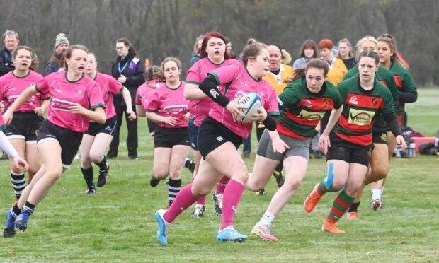 Highland (green) V Tayside in the final of of the Girl's under 16 Shield at the Saltire Energy Caledonia Cup.