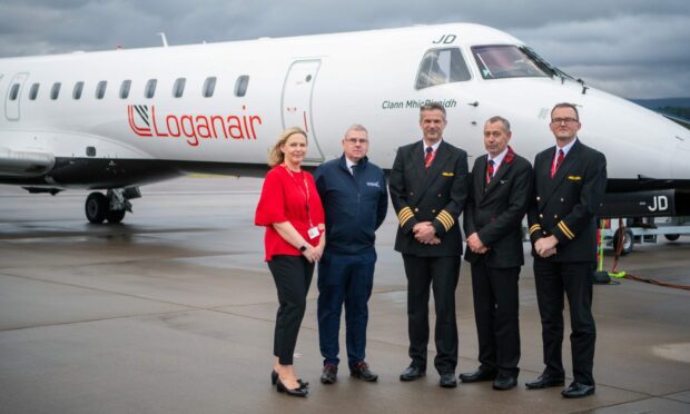 Donna McHugh (Loganair head of revenue and sales), Davie Geddes (Inverness Airport terminal operations manager), Hunter Mercer (captain), Aliastair Crown (cabin crew) and Paul Geraghty (first officer)