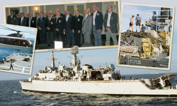 The company of HMS Leeds Castle (top left) can look back on an intense period of service in the South Atlantic