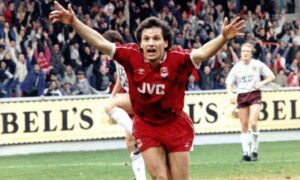 Aberdeen legend Hans Gillhaus celebrates scoring in the 1989-90 season.