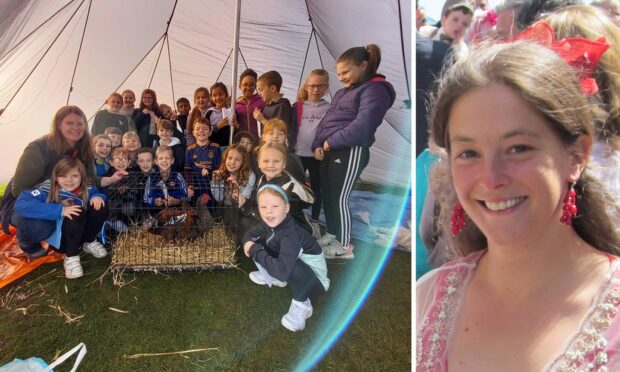 Jo Walters and pupils from Balmedie Primary School in their tipi funded by the charity.