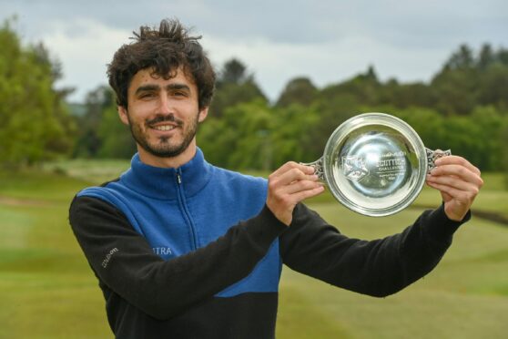 Javier Sainz with the trophy for his win at Newmachar.