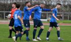 Bridge of Don Thistle's Craig McKeown (no4) celebrating with team mates after scoring a free kick to make it 2-0 against Dyce.

Picture by Kenny Elrick     30/04/2022