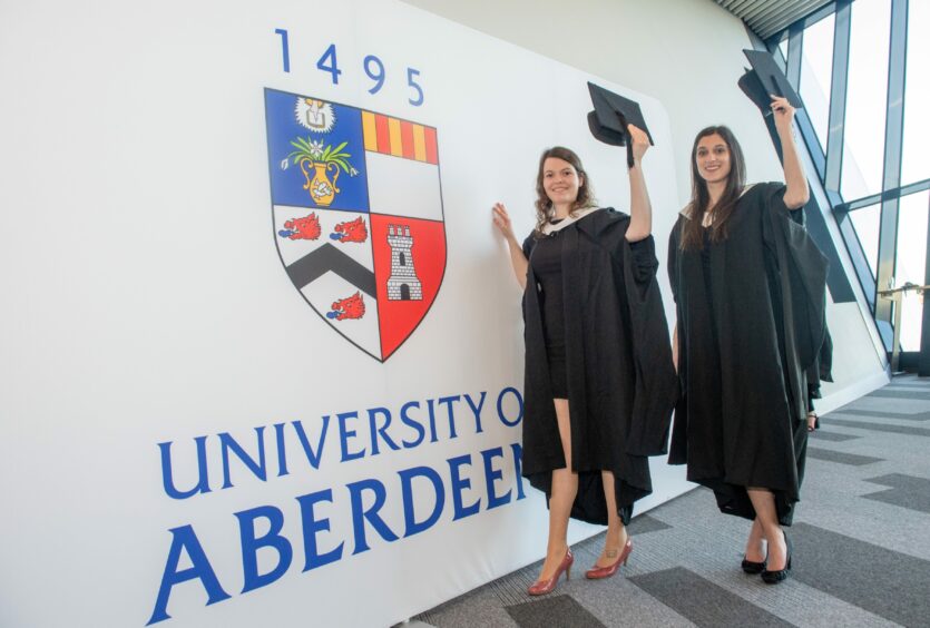 Suraya Fawcett and Theresa Wilde celebrate their degree in molecular medicine at Aberdeen University's winter graduation ceremony at P&J Live last year. Picture by Kath Flannery/DCT Media.