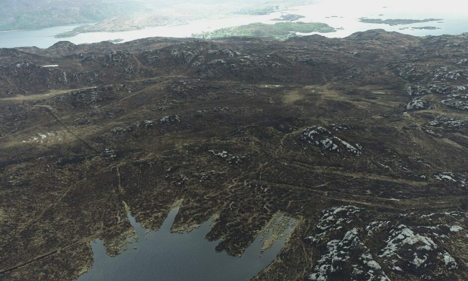 Drone image of the devastation caused by the Kyle of Lochalsh wildfire and the evidence if peat cutting can be clearly seen.