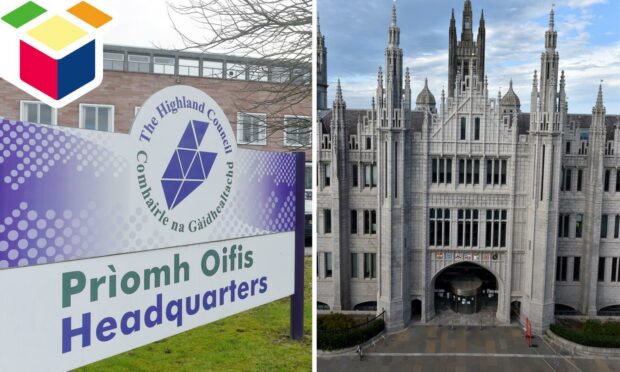 The headquarters of Highland Council, left, and Aberdeen City Council.