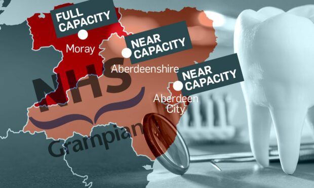 Map showing dental practices capacity in Moray, Aberdeen and Aberdeenshire.