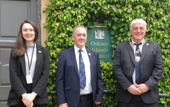 The newly elected leaders of Orkney council, Heather Woodbridge, James Stockan, and Graham Bevan.