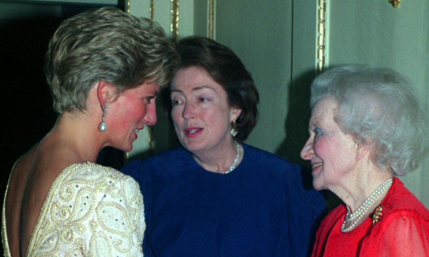 This photo shows the Princess of Wales talking with her grandmother Lady Fermoy and Lady Fermoy's daughter, the Rt Hon Mary Roche, before a concert in London.