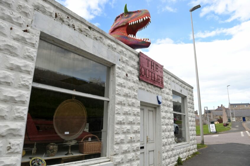 Sculpture of dinosaur head on top of a building in Cullen.