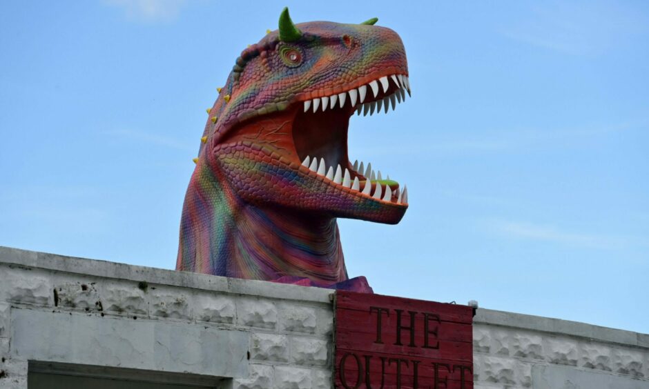 Dinosaur head on rooftop in Cullen