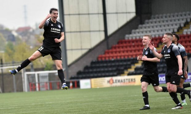Peterhead's Grant Savoury celebrates his goal against Airdrieonians.
