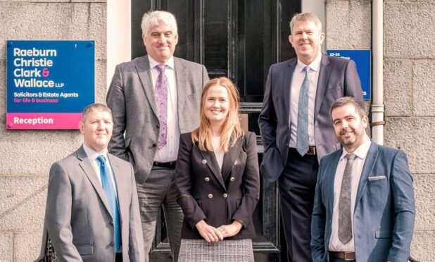 Raeburn Christie Clark & Wallace managing partner Callum McDonald, back left, and Bill Barclay, head of residential property, back right, with new partners, l-r, Anne Littlejohn, Gavin Copper, Scott Rennie.