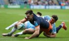 Blair Kinghorn scores Edinburgh's first try against Glasgow.