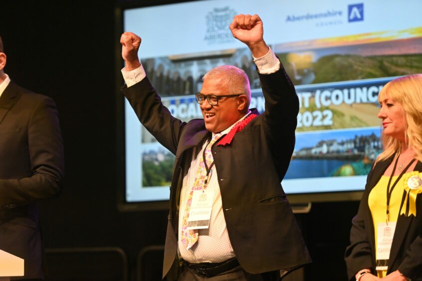 Nurul Hoque Ali, Aberdeen Labour's new Bridge of Don councillor, celebrates his election win. Picture by Scott Baxter/DCT Media.