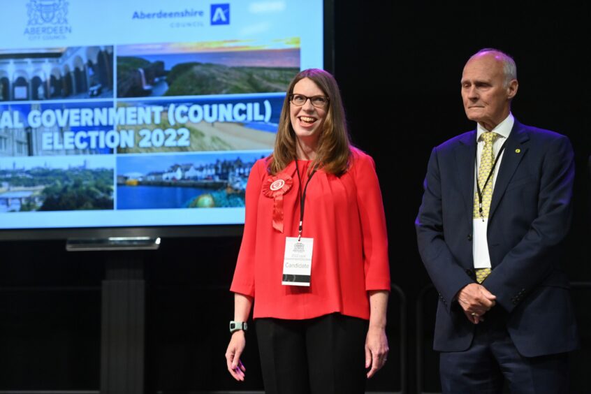 Aberdeen Labour's Kate Blake and fellow Kingswells, Sheddocksley and Summerhill councillor, David Cameron of the SNP, at the election count. Picture by Scott Baxter/DCT Media.