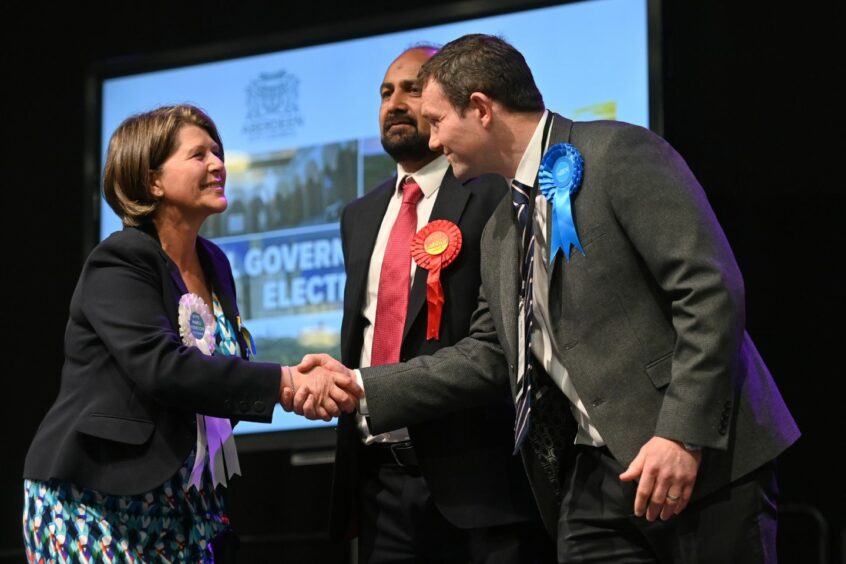 Lower Deeside councillor Marie Boulton celebrates the successful defence of her Lower Deeside seat at the Scottish local elections. Picture by Scott Baxter/DCT Media.