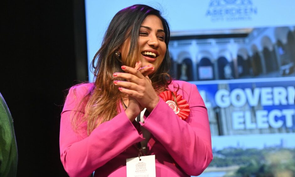Aberdeen Labour's Deena Tissera celebrates her election as Hilton, Woodside and Stockethill councillor at P&J Live. Picture by Scott Baxter/DCT Media.
