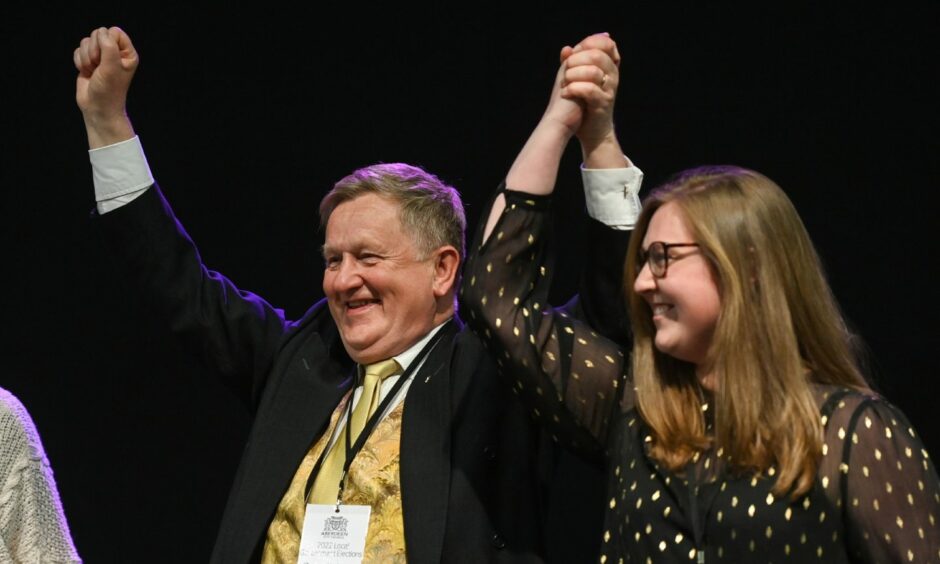 Aberdeen SNP group leader Alex Nicoll celebrates with fellow SNP Kincorth, Nigg and Cove councillor Miranda Radley as both defended their seats in Thursday's election. Picture by Scott Baxter/DCT Media.