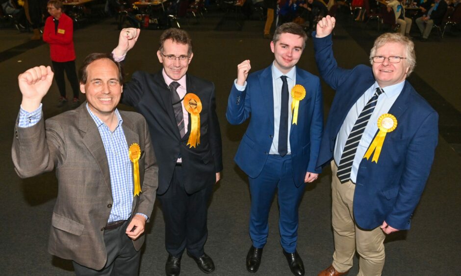 Aberdeen Liberal Democrat councillors Martin Greig, Steve Delaney, Desmond Bouse, and leader Ian Yuill after making a first gain in an Aberdeen City Council election 'in many years'. Picture by Scott Baxter/DCT Media.