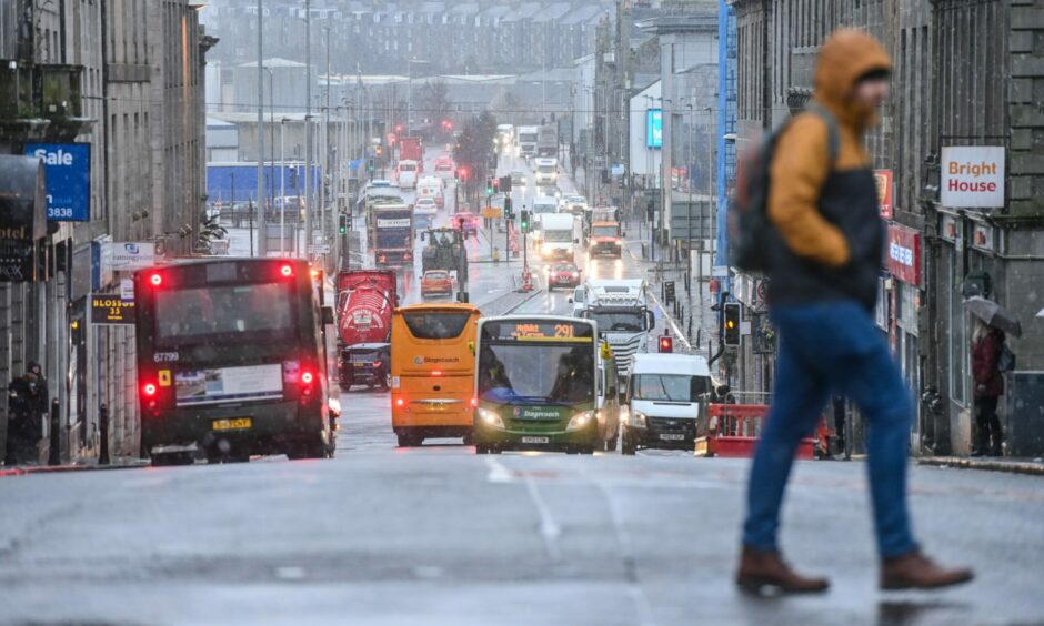 View of busy Market Street leading to the harbour in Aberdeen.