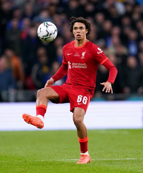 Liverpool player Alexander-Arnold in action.