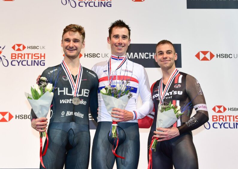 Kyle Gordon, right, with Daniel Bingham and John Archibald at the 2019 Track Cycling Championships