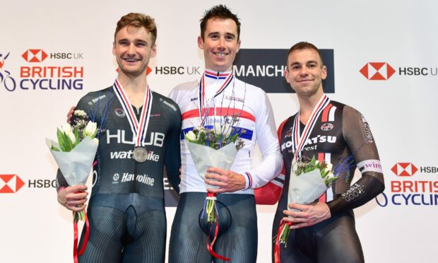 Kyle Gordon, right, with Daniel Bingham and John Archibald at the 2019 Track Cycling Championships