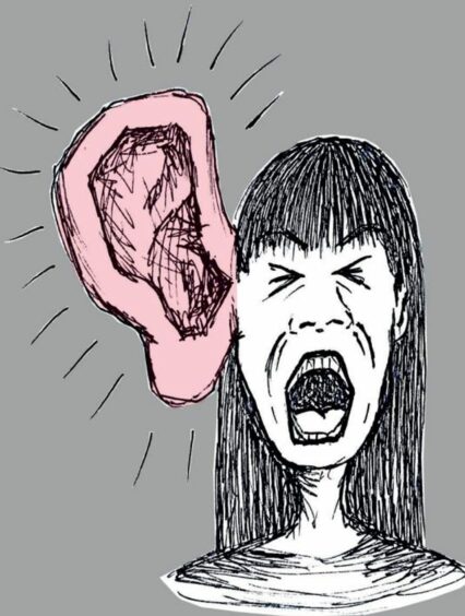A visual representation of misophonia shows a woman shouting when she hears a sound.