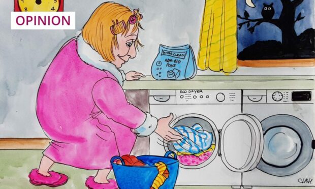 Washing and tumble-drying by moonlight has become routine for Moreen. Illustration by Helen Hepburn