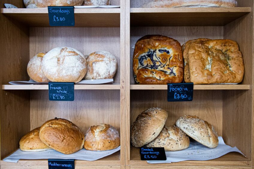 A selection of breads at The Bread Guy in Inverurie, including sourdough, french white, focaccia, mediterranean and seeded sourdough 