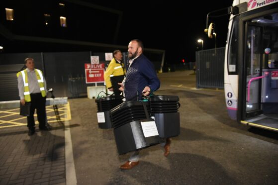 Ballot boxes arrive at the P&J Live ready for counting tomorrow. Picture by Wullie Marr.