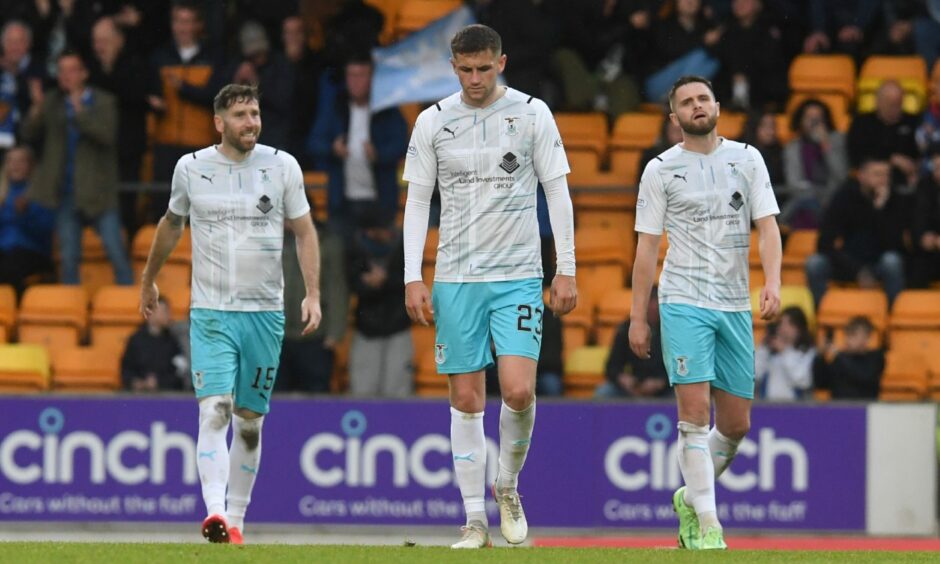 Kirk Broadfoot, Reece McAlear and Danny Devine at the end of their punishing 4-0 play-off final at St Johnstone